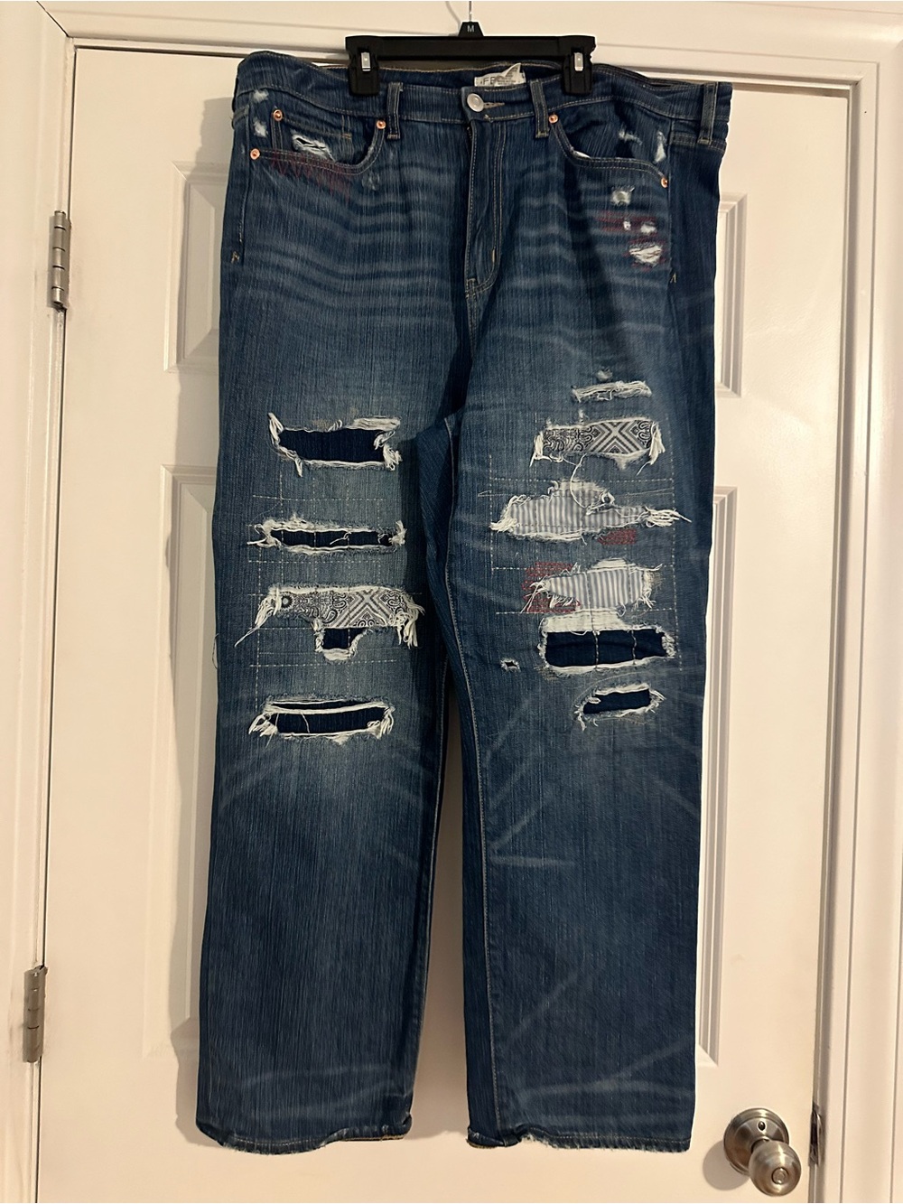 torrid Distressed Dark Blue Patchwork Straight Jeans